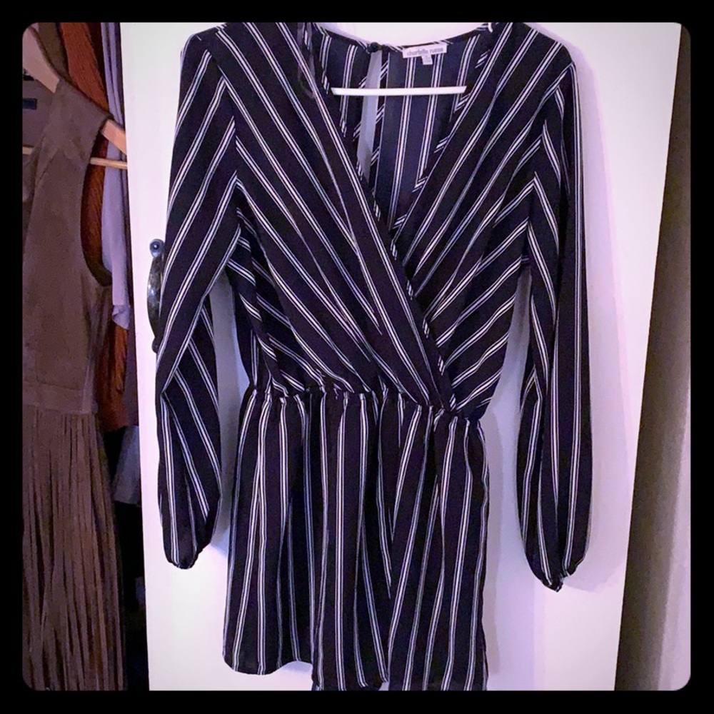 Navy blue and white striped long sleeve romper
